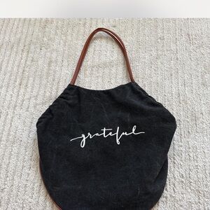 Black Canvas Tote Bag with Brown Handles